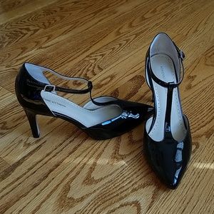 Black patent leather T-strap heels